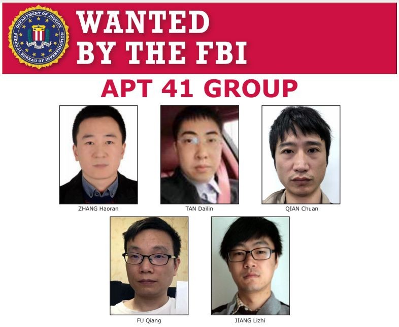 5 tin tặc Trung Quốc bị Bộ Tư pháp Mỹ khởi tố.Người ở giữa, hàng trên là Đàm Đại Lâm (Ảnh: FBI/DOJ).