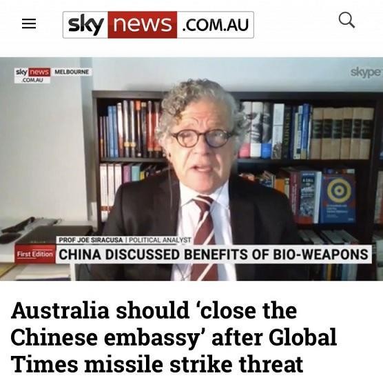 Giáo sư Joe Siracusa yêu cầu triệu tập đại sứ Trung Quốc phủ nhận việc Thời báo Hoàn cầu đe dọa tấn công tên lửa vào Australia (Ảnh: Skynews).