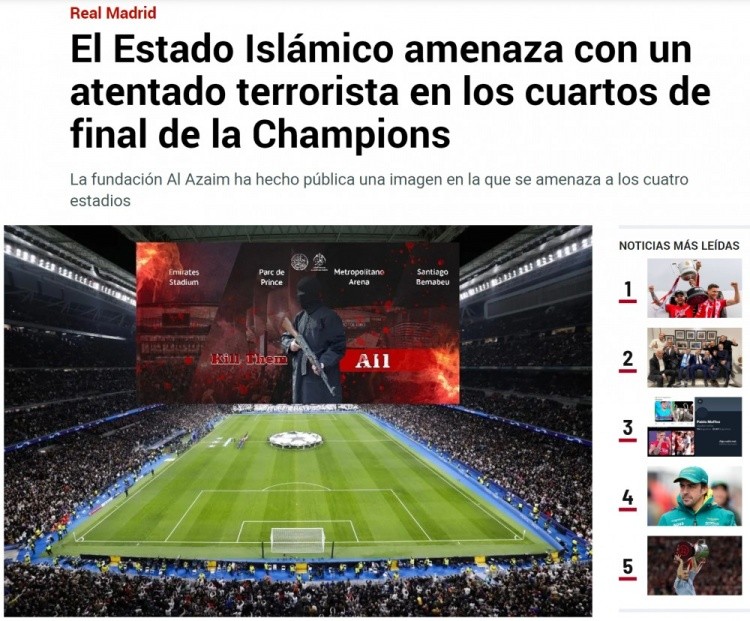 Thông tin về lời đe dọa của IS được đăng tải trên báo Marca của Tây Ban Nha (Ảnh: NetEasy).