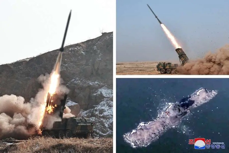 Triều Tiên phóng thử nghiệm hệ thống pháo phản lực - tên lửa cỡ nòng 240 mm với đạn dẫn đường. Ảnh KCNA