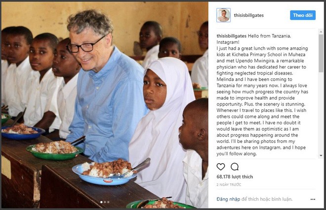 Bài đăng đầu tiên Bill Gates trên Instagram là một slide gồm 3 bức ảnh chụp ở Tanzania.