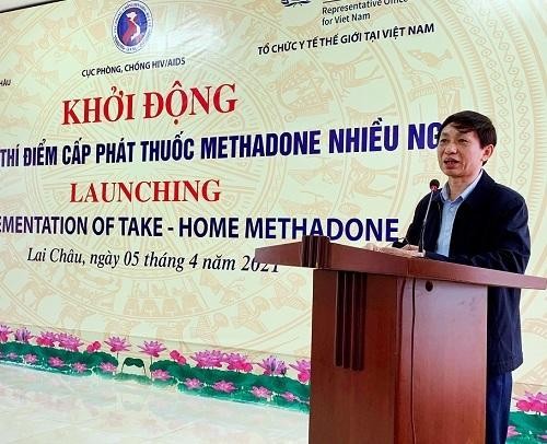 Ông Nguyễn Hoàng Long - Cục trưởng Cục Phòng, chống HIV/AIDS (Bộ Y tế) - phát biểu tại buổi khởi động đề án thí điểm tại Lai Châu sáng nay, 5/4.