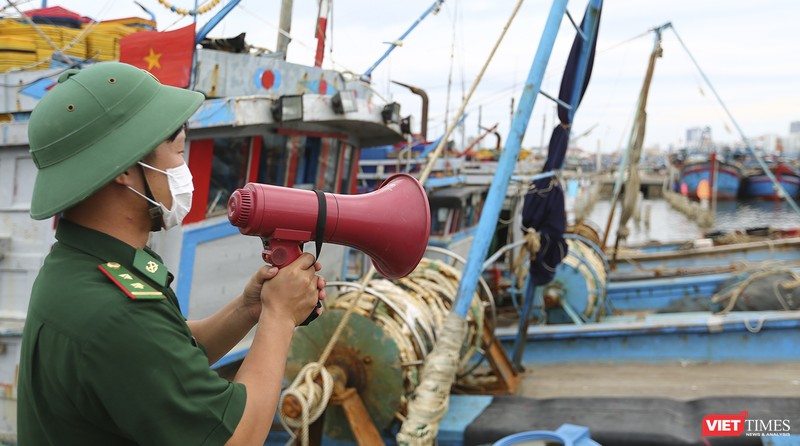 Lực lượng bộ đội biên phòng kêu gọi, sắp xếp tàu thuyền neo đậu tránh bão tại âu thuyền Thọ Quang (Đà Nẵng).
