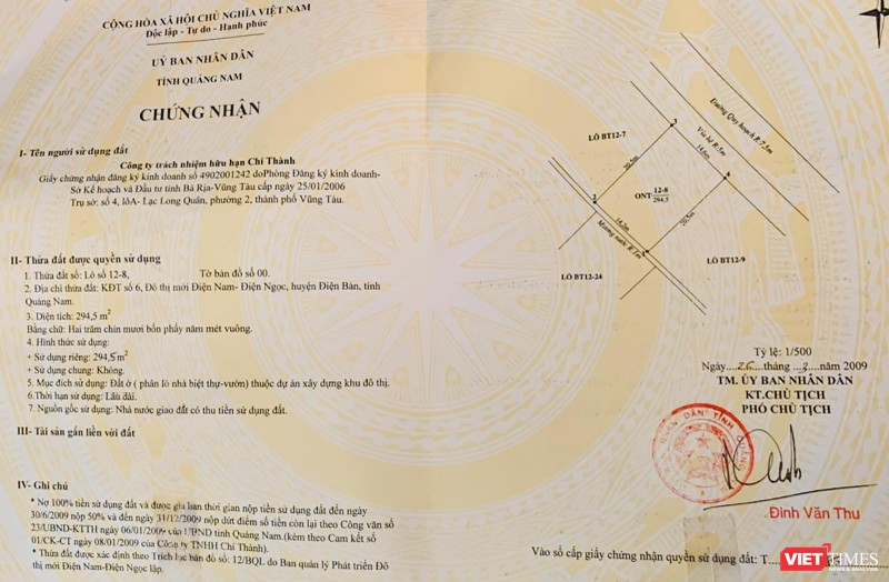 Một sổ đỏ có ghi nợ tiền sử dụng đất được tỉnh Quảng Nam cấp cho Công ty TNHH Chí Thành tại Khu đô thị số 6 và Khu đô thị số 11 thuộc Khu đô thị mới Điện Nam – Điện Ngọc