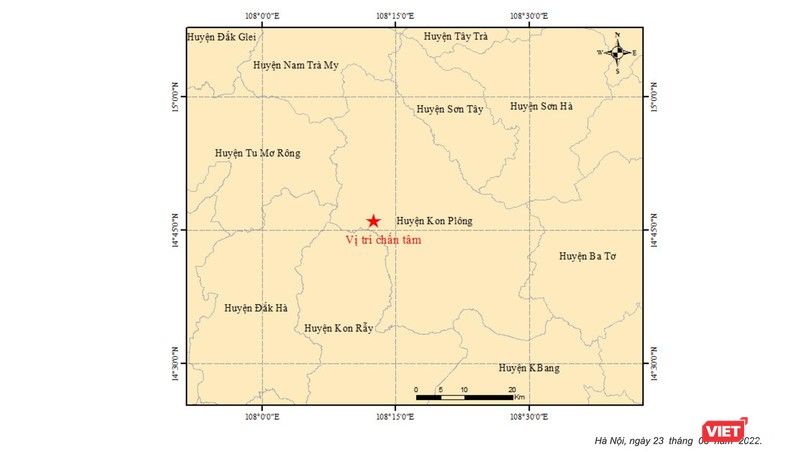 Vị trí xảy ra trận động đất đầu tiên trong chiều ngày 23/8, tại khu vực huyện Kon Plông (tỉnh Kon Tum).