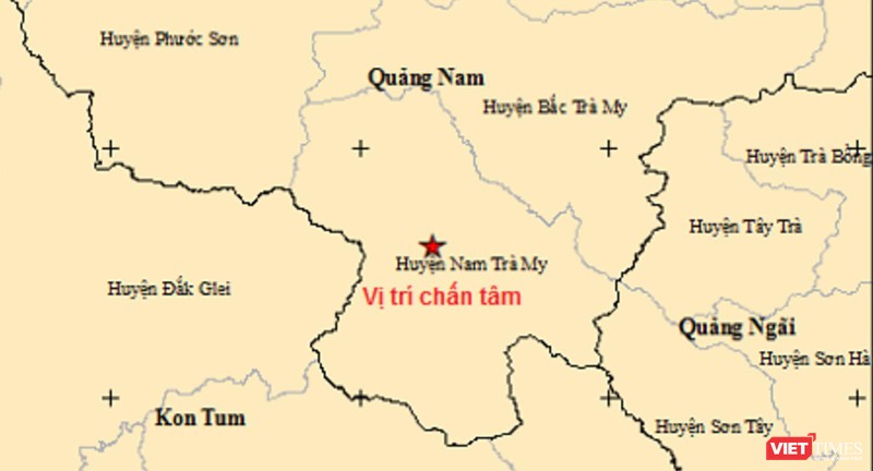 Vị trí xảy ra vụ động đất có độ lớn 3,0 độ richter, trên địa bàn huyện Nam Trà My, tỉnh Quảng Nam