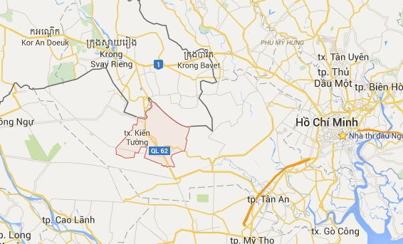 Khu vực biên giới chung giữa hai tỉnh Long An (Việt Nam) và Svay Rieng (Campuchia) - Ảnh: Google map