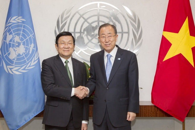 Chủ tịch nước Trương Tấn Sang hội kiến với Tổng Thư ký Liên hợp quốc Ban Ki Moon nhân chuyến dự Hội nghị thượng đỉnh Liên Hợp Quốc.- Ảnh: U.N