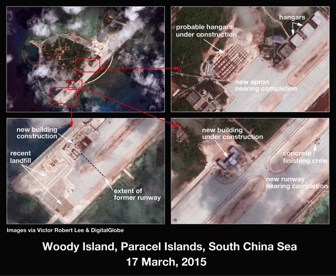 Hình ảnh chụp từ vệ tinh hồi tháng 3-2015 cho thấy Trung Quốc tăng cường xây dựng trái phép ở đảo Phú Lâm - Ảnh: The Diplomat