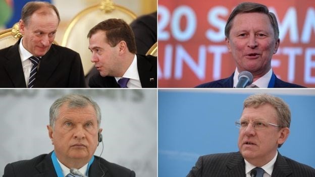 Bộ 5 thân tín của ông Putin: Nikolai Patrushev và Dmitry Medvedev; Sergei Ivanov; Alexei Kudrin  và Igor Sechin (từ trái sang). Nguồn: Getty