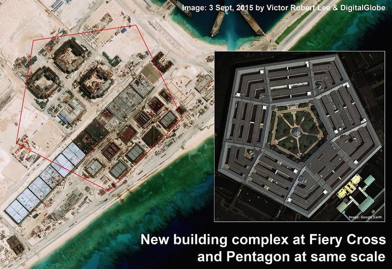 Trung Quốc ngang nhiên xây dựng đảo nhân tạo và đường băng, công trình quân sự kiên cố trái phép trên Đá Chữ Thập thuộc quần đảo Trường Sa của Việt Nam - Ảnh: Reuters