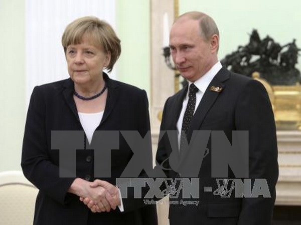 Tổng thống Nga Vladimir Putin (phải) có cuộc gặp với Thủ tướng Đức Angela Merkel (trái). (Ảnh: AFP/TTXVN)