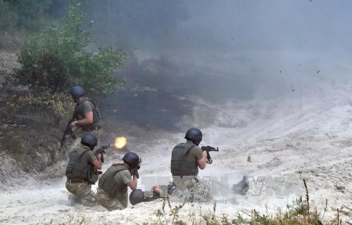 Binh sĩ Ukraine tham gia cuộc tập trận gần Ghytomyr, cách thủ đô Kiev khoảng 150 km về phía tây ngày 11/8. Ảnh: AFP-TTXVN