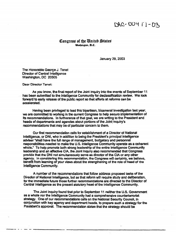Bức thư của Quốc hội Mỹ gửi giám đốc CIA
