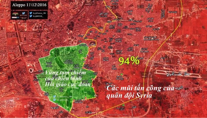 Quân đội Syria giành được 94% diện tích các khu phố tạm bị chiếm ở Aleppo
