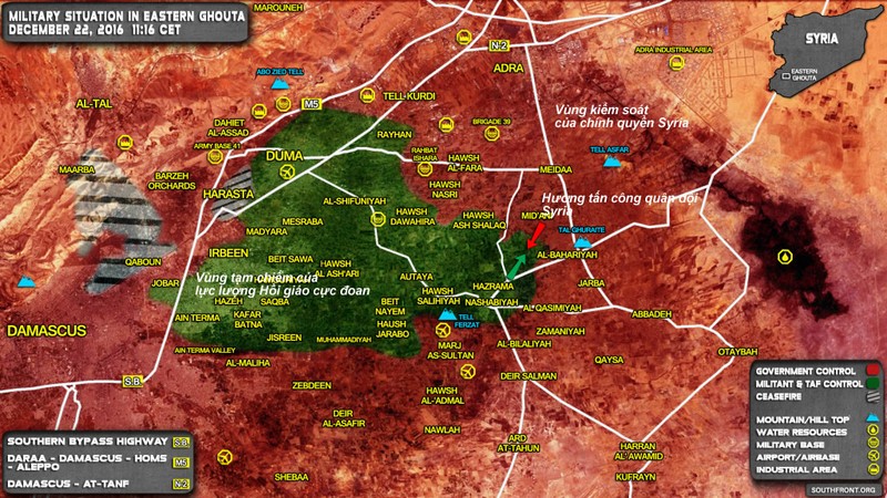 Bản đồ tình hình chiến sự vùng Đông Ghouta, ngoại ô Damascus