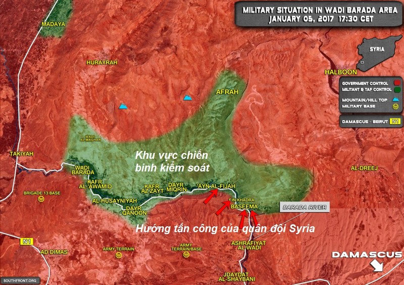 Toàn cảnh bản đồ chiến sự khu vực  Wadi Barada, Damascus