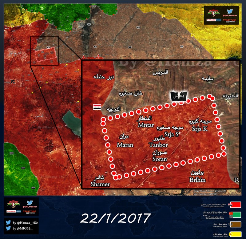 Tính đến ngày 22.01.2017, quân đội Syria đã giải phóng 5 ngôi làng trên hướng đông thành phố Aleppo