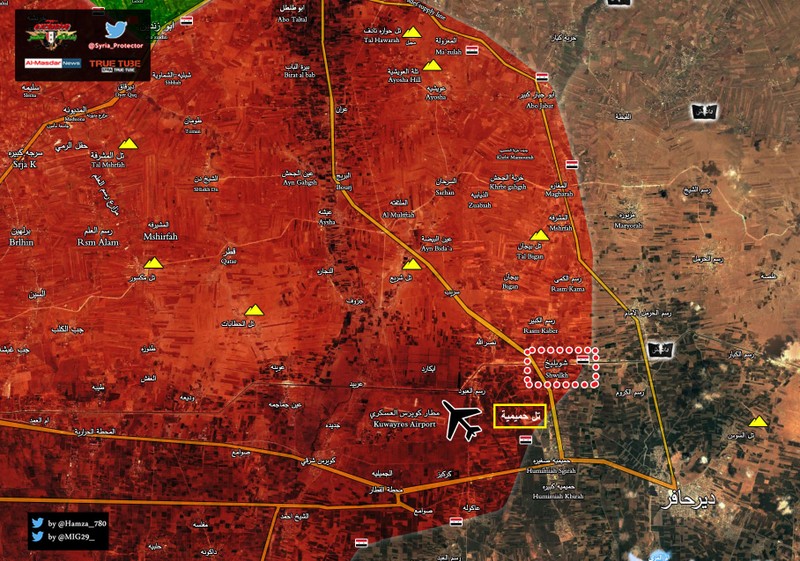 Cao điểm chiến lược Humaymah vừa giải phóng gần sân bay Kuweires, đông Aleppo