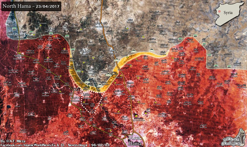 Bản đồ chiến sự Hama ngày 23.04.2017, quân đội Syria giải phóng Halfaya