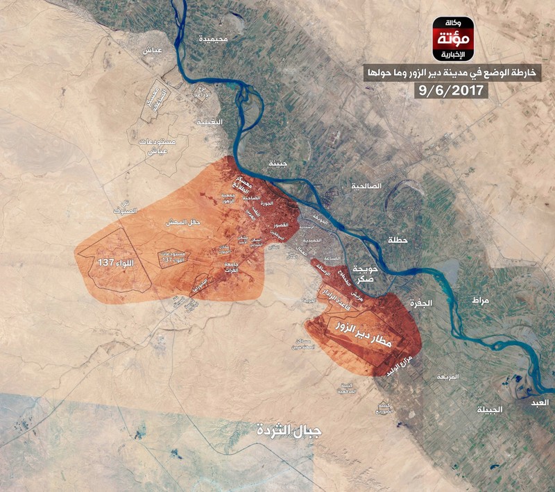 Bản đồ chiến sự thành phố Deir Ezzor do truyền thông ủng hộ IS cung cấp, diện tích phòng ngự của quân đội Syria đã thu hẹp rất nhiều