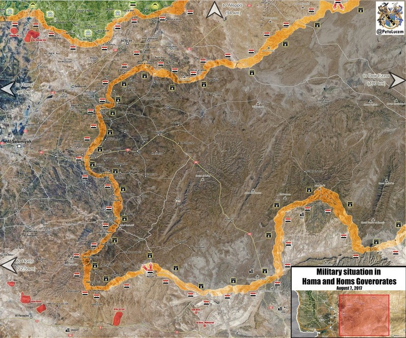 Bản đồ chiến sự vùng phía đông tỉnh Homs, Hama, các mũi tấn công của quân đội Syria trên hướng tây khu mỏ dầu Al-Sha'er.
