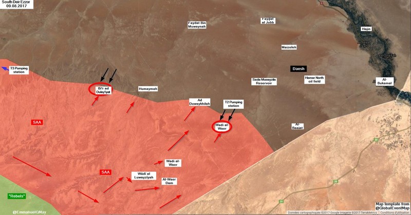 Các mũi tiến công của IS đánh vào chiến tuyến của quân đội Syria trên vùng sa mạc phía đông tỉnh Homs - bản đồ minh họa @Globaleventmap