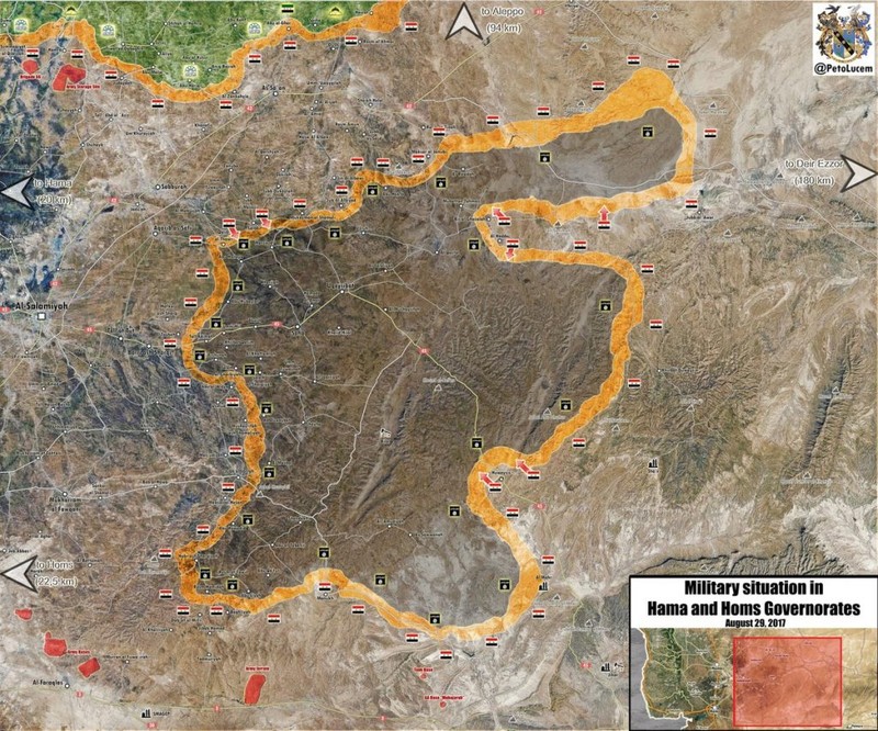 Bản đồ vùng bao vây Is trên chiến thường phía đông tỉnh Hama, quân đội Syria chiếm hàng loạt khu dân cư - ảnh Masdar News
