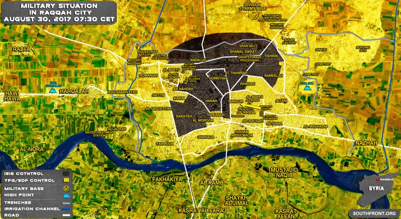 Bản đồ phân bổ lực lượng SDF và khu vực còn lại do IS kiểm soát - ảnh SouthFront