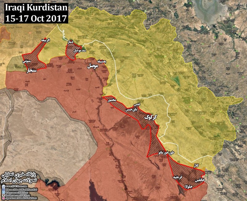 Bản đồ khu vực lực lượng vũ trang Iraq tiến chiếm từ các đơn vị Peshmerga - ảnh South Front