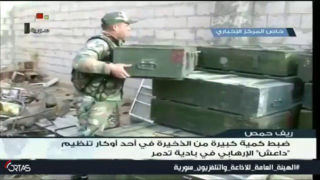 Kho vũ khí thu được của IS trên chiến trường khu vực Palmyra - Homs - ảnh minh họa video SANA