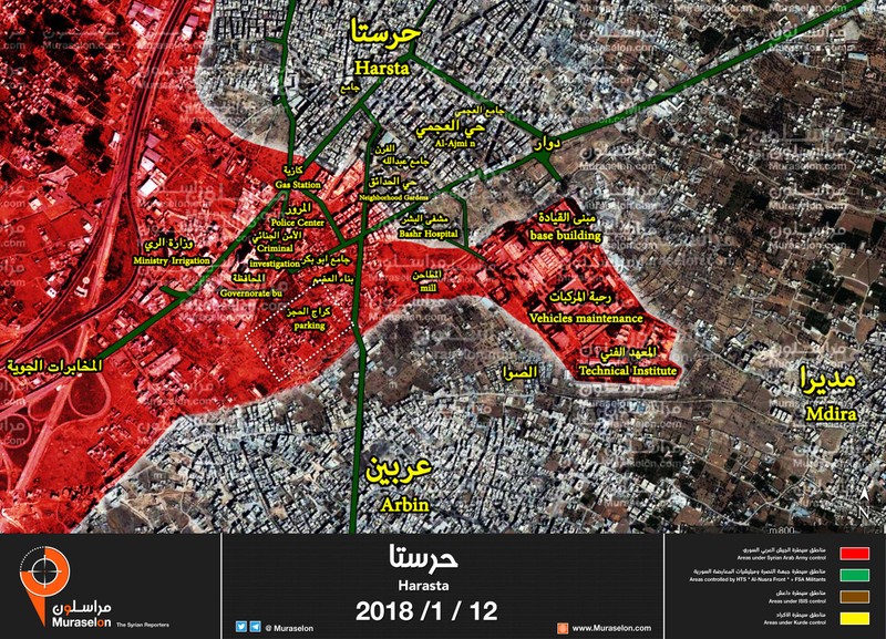 Bản đồ tình hình chiến sự khu vực Harasta, Đông Ghouta - ảnh Muraselon