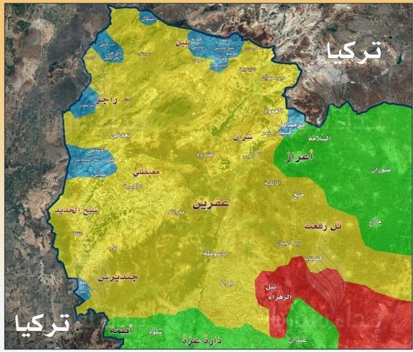 Bản đồ vùng chiến sự Afrin, khu vực xanh là những địa bàn bị quân đội Thổ Nhĩ Kỳ tấn chiếm - ảnh minh họa South Front