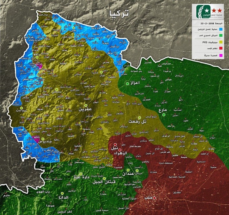 Bản đồ Afrin tính đến ngày 23.02.2018 - ảnh mịnh họa truyền thông "đối lập" Syria