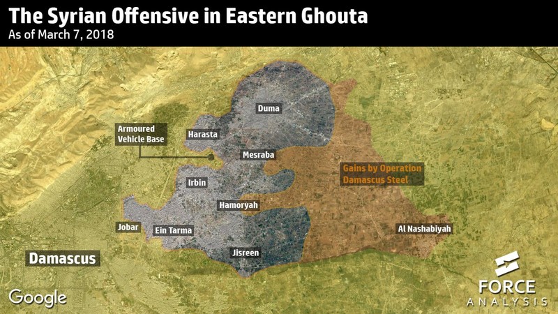 Các mục tiêu tấn công then chốt của quân đội Syria ngày 07.03.2018 ở Đông Ghouta - ảnh minh họa South Front