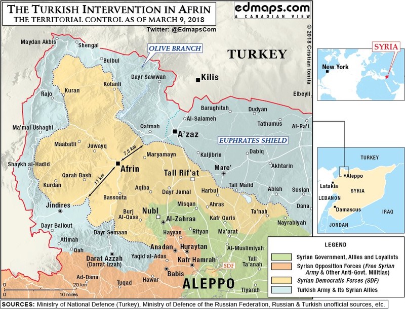 Tình hình chiến sự khu vực Afrin tính đến ngày 09.03.2018 theo South Front