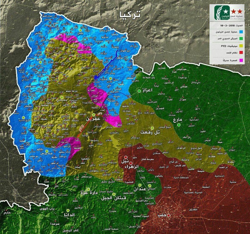 Tình hình chiến sự khu vực Afrin tính đến ngày 10.03.2018 theo truyền thông "đối lập: Syria FSA