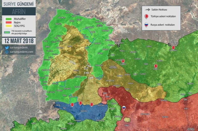 Tình hình chiến sự khu vực Afrin, quân đội Thổ Nhĩ Kỳ còn 5 km trước khi phong tỏa hoàn toàn thành phố Afrin. Ảnh South Front