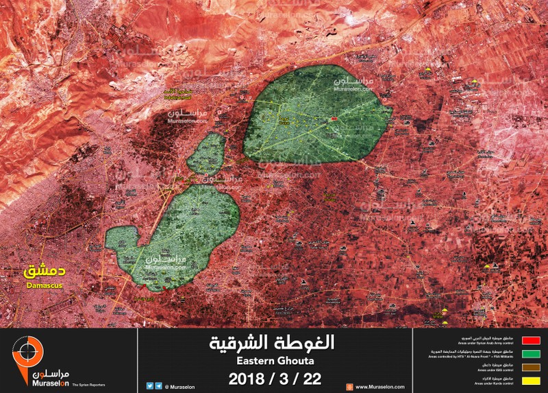 Tình hình chiến sự khu vực Đông Ghouta, tính đến ngày 22.03.2018 theo Muraselon. 
