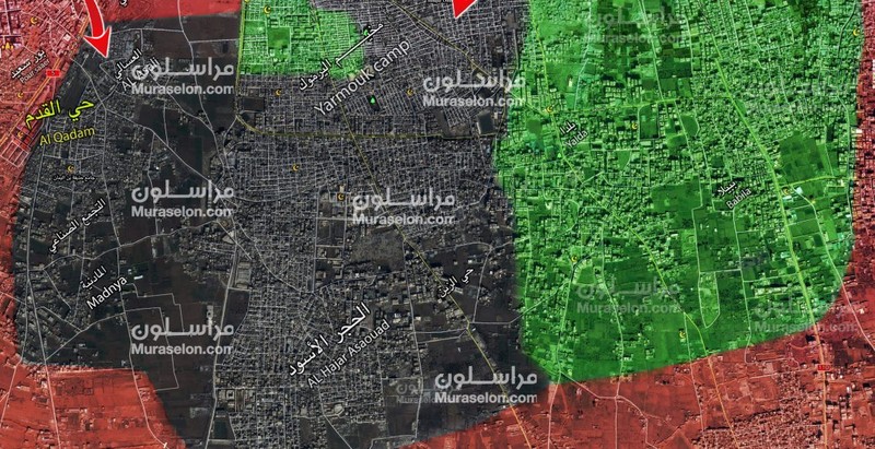 Bản đồ tấn công của quân đội Syria, đánh vào Trại tị nạn Yamouk =, Ảnh Muraselon