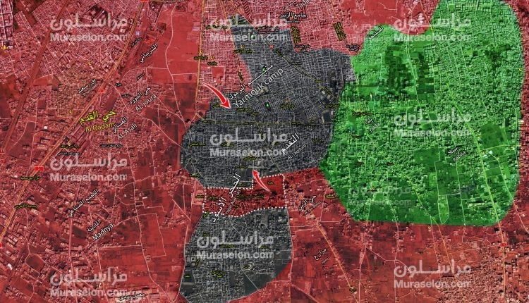 Quận đội Syria chia tách khu vực Yarmouk thành 2 khu vực bị bao vây. Ảnh Muraselon