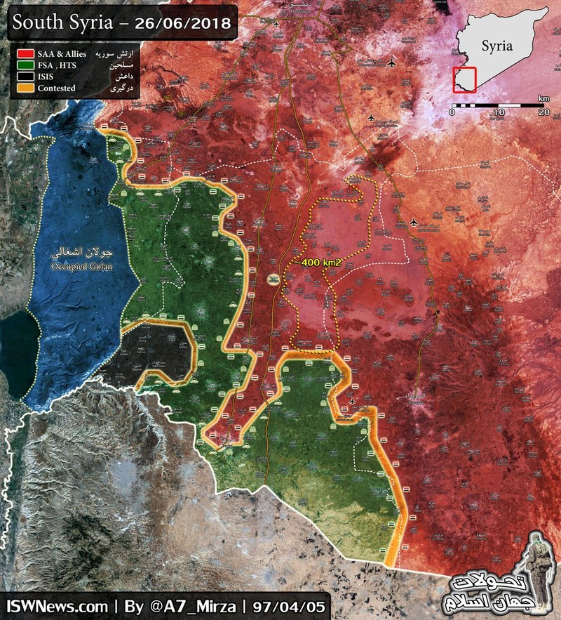 Bản đồ tình hình chiến sự Daraa tính đến ngày 26.06.2018, theo South Front