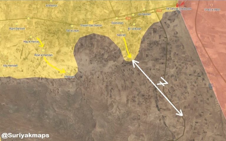 Lực lượng SDF tiến công trên sa mạc phía nam Syria, còn cách căn cứ địa IS gần biên giới Iraq 7 km. Bản đồ South Front
