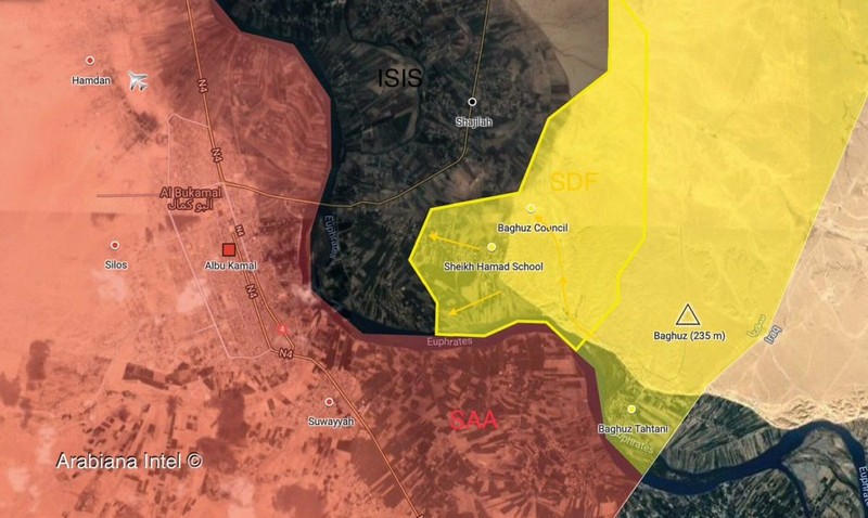Lực lượng Dân chủ Syria (SDF) tiến công chiến tuyến IS ngoại vi Hajin, thung lũng Euphrates.Ảnh South Front