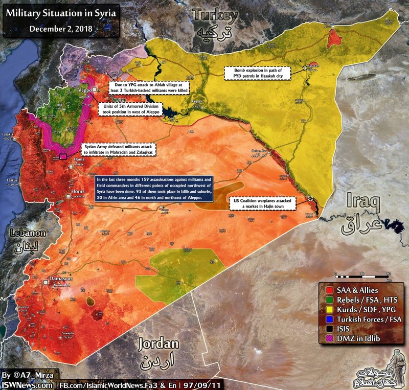 Bản đồ tình hình chiến sự Syria tính đến ngày 02.12.2018 theo South Front.