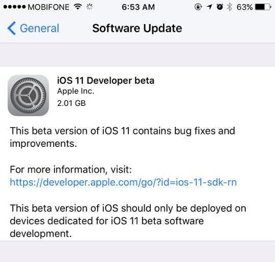 Bản cập nhật iOS 11 beta trên iPhone 7 có dung lượng trên 2 GB.