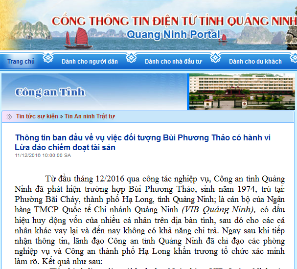 CA tỉnh Quảng Ninh thông tin về đối tượng Bùi Phương Thảo có hành vi lừa đảo chiếm đoạt tài sản