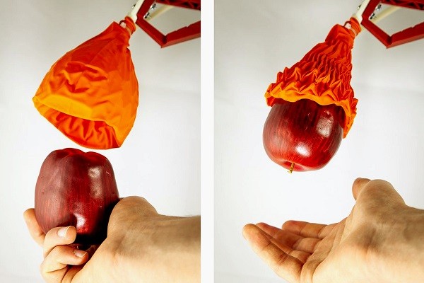 Robot Origami đang nhặt lấy trái táo từ bàn tay của nhà nghiên cứu.