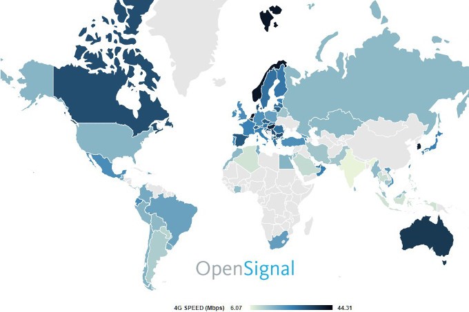 Biểu đồ thống kế tốc độ 4G các quốc gia (OpenSignal)