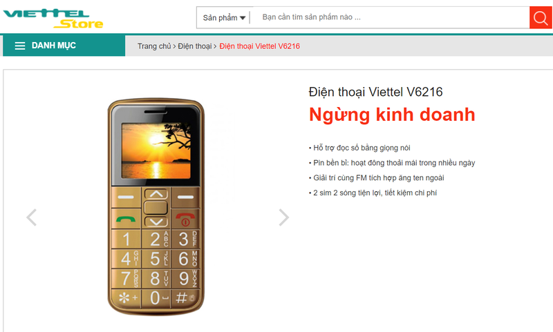 Viettel Store hiện đã thông báo ngừng kinh doanh mẫu điện thoại Viettel V6216. (Ảnh chụp màn hình viettelstore.vn)